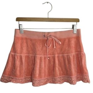 Y2K Vintage Juicy Couture Coral Orange Terrycloth Mini Skirt Lace Hem Size Small